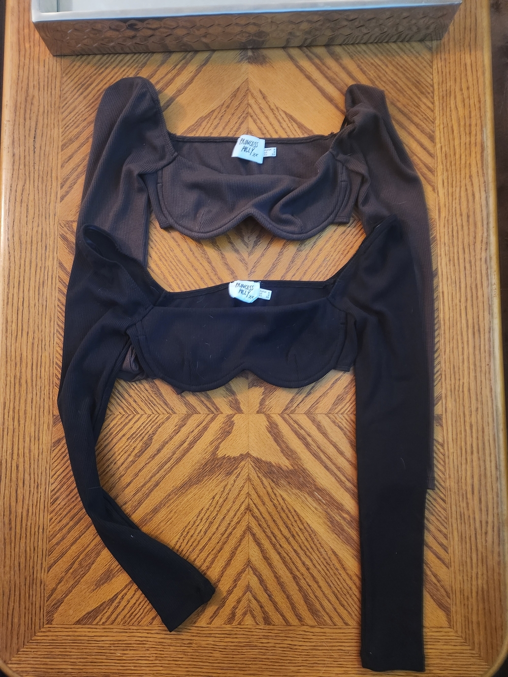 Princess Polly Ribbed Long Sleeve Crop Bralette Tops - Black and Brown